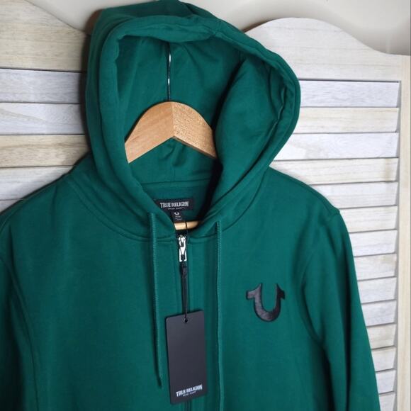 NWT True Religion Buddha Fleece Jacket Green Overlap Full Zip Hoodie Medium New - Picture 3 of 10